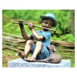 Statue Bronze enfant flûte petit mouton